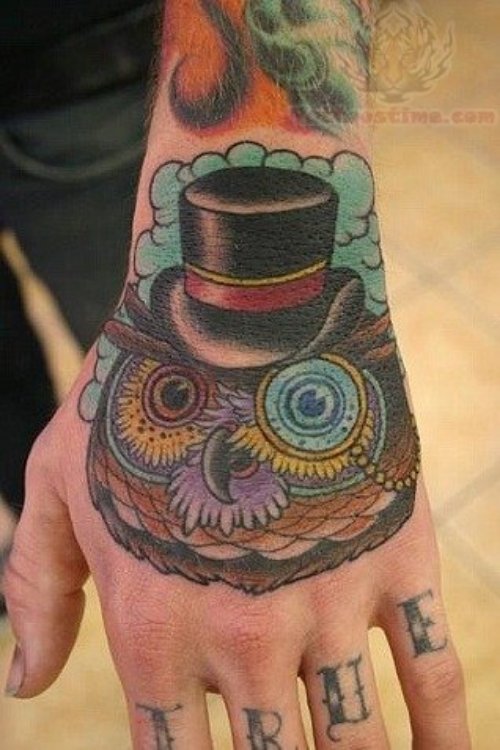 Owl Head With Hat Tattoo On Hand