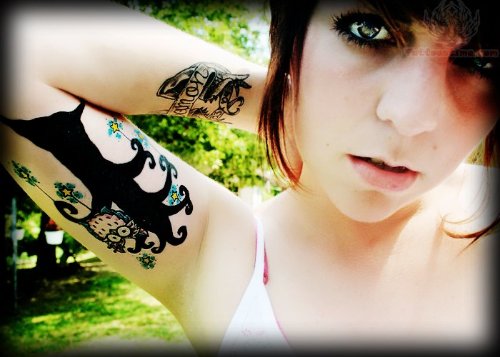 Tree And Owl Tattoo on Girl Muscles