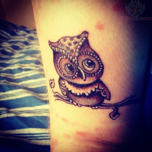 Owl Sitting On Tree Brown Ink Tattoo