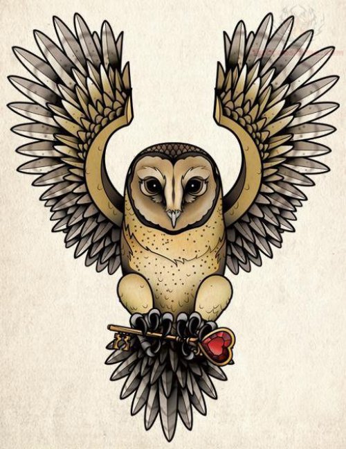 Color Flying Owl Tattoo Design
