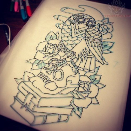 Owl And Skull On Books Tattoo