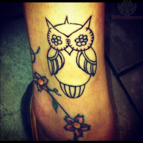 Flowers And Owl Tattoo On Ankle