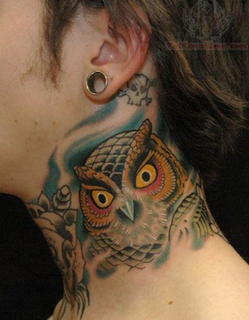 Owl Head Tattoo On Neck