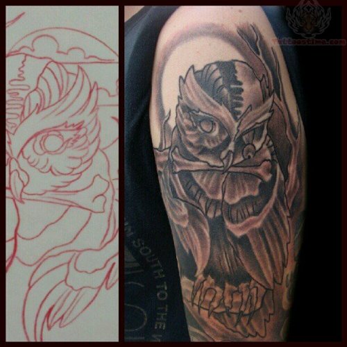 Black Scary Owl Tattoo On Bicep
