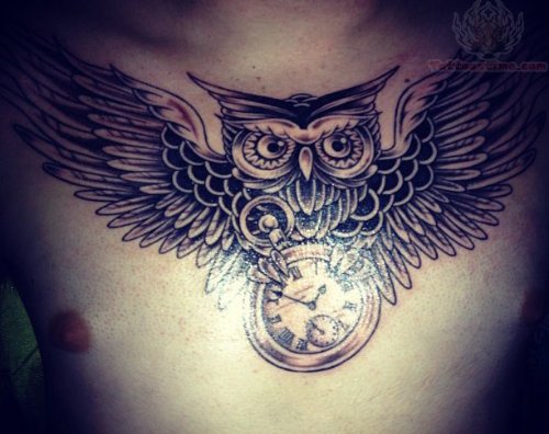 Flying Owl With Watch Tattoo on Chest