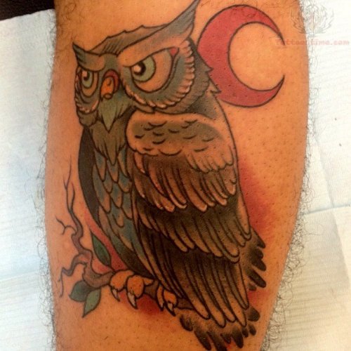 Owl And Red Moon Tattoo