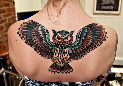 Owl Color Ink Upperback Tattoo