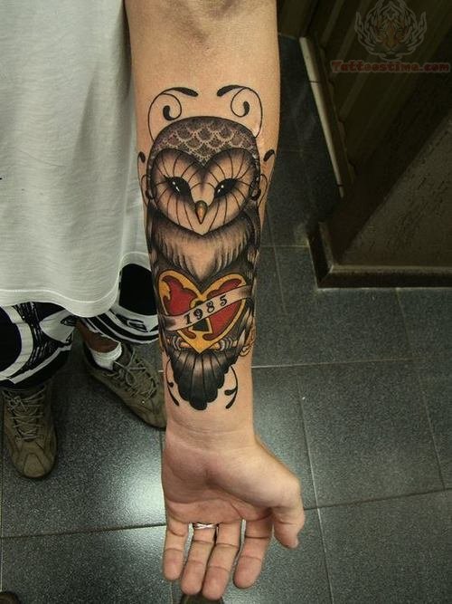 Red Heart And Owl Tattoo On Arm