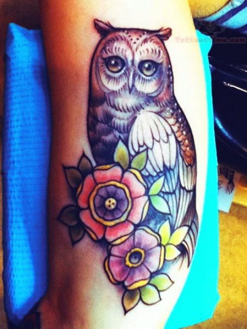 Owl And Flower Tattoo On Bicep