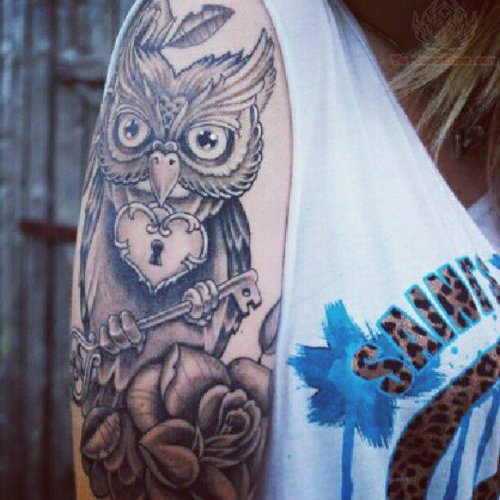 Owl With Key Tattoo On Bicep