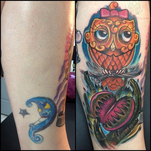 Owl With Bow On Head Tattoo On Arm