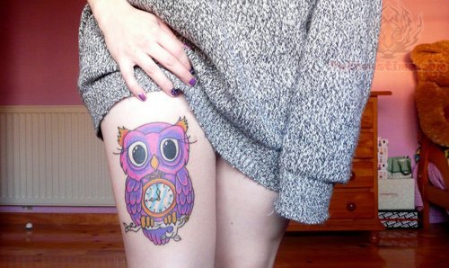 Purple ink Owl Tattoo on Girl Thigh