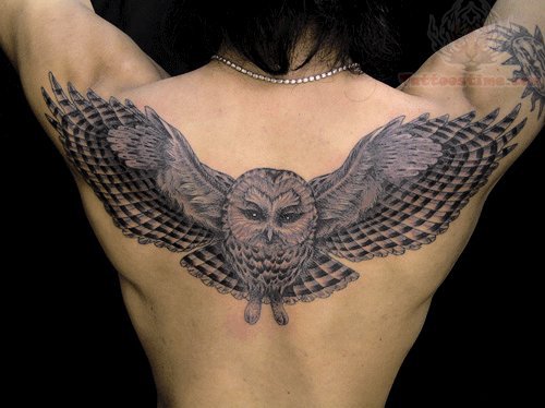 Grey Ink Owl Tattoo On Upperback