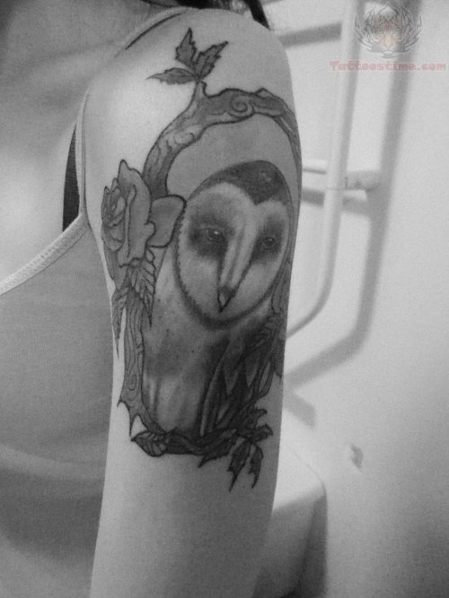 Owl Head And Rose Tattoo On Bicep