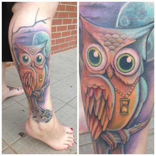 Color Owl Tattoo On Leg
