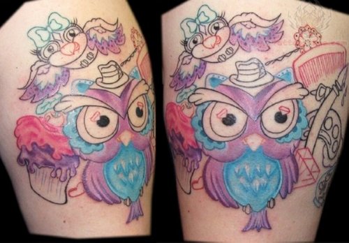 Colored Owl Tattoo On Both Thigh