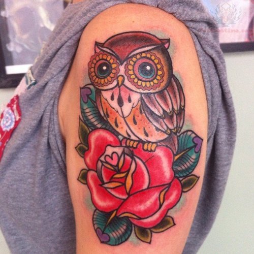 Owl Sitting On Red Rose Tattoo