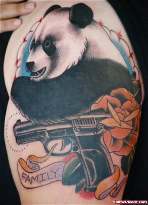 Gun And Panda Tattoo On Shoulder