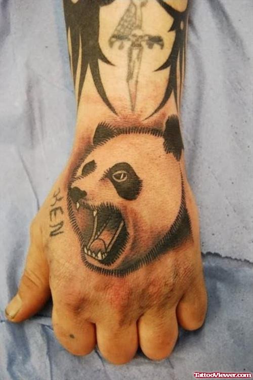 Aggressive Panda Tattoo On Hand