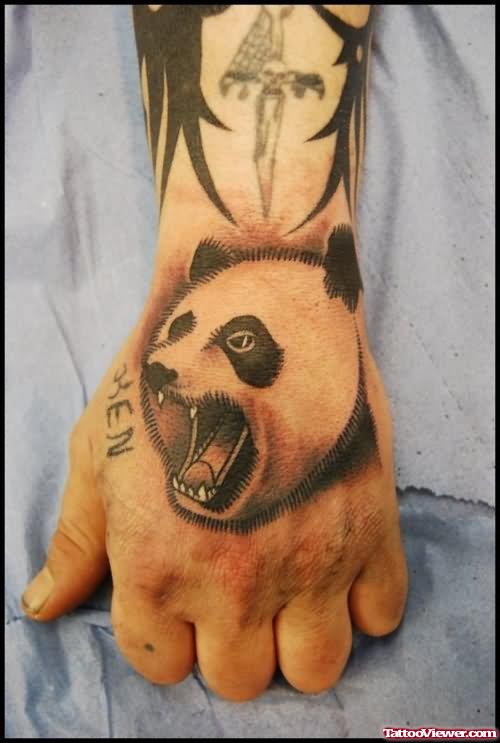 Cute Angry Panda Bear Tattoo On Hand