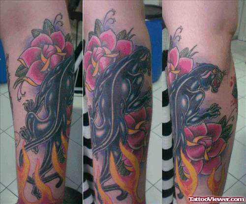 Rose Flower And Panther Tattoo On Sleeve