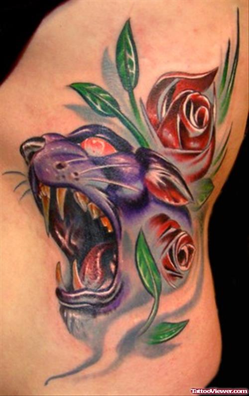 Red Rose Flowers And Panther Head Tattoo On Side Rib