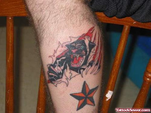 Red Nautical Star And Ripped Skin Panther Tattoo