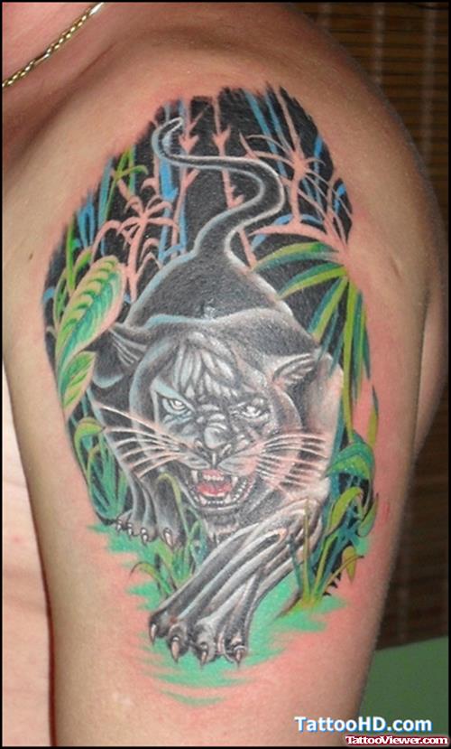 Panther Tattoo On Man Left Shoulder