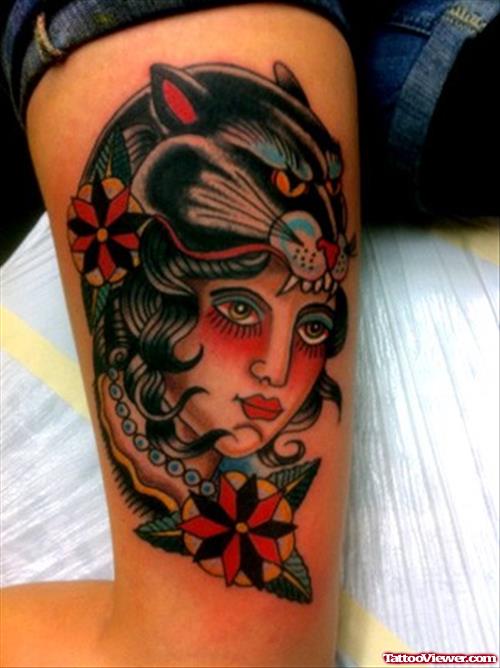Panther Head Girl Tattoo On Half Sleeve