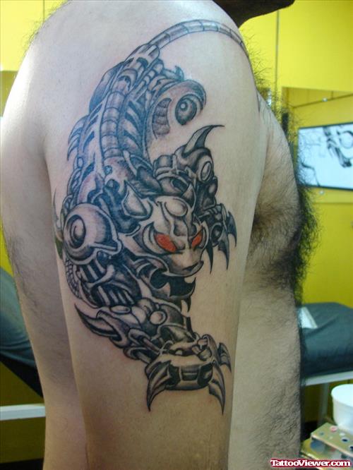 Grey Ink Biomechanical Panther Tattoo On Man Right Shoulder