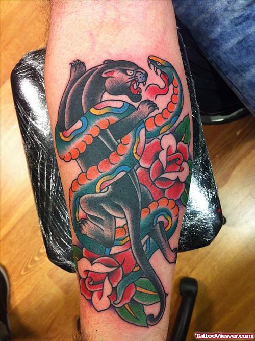 Green Snake And Panther Tattoo On Arm