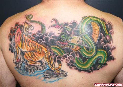 Green Dragon And Panther Tattoo On Upperback
