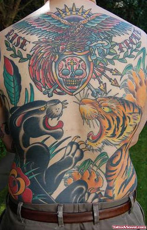 Awesome Colored Tiger and Panther Tattoo On Back Body