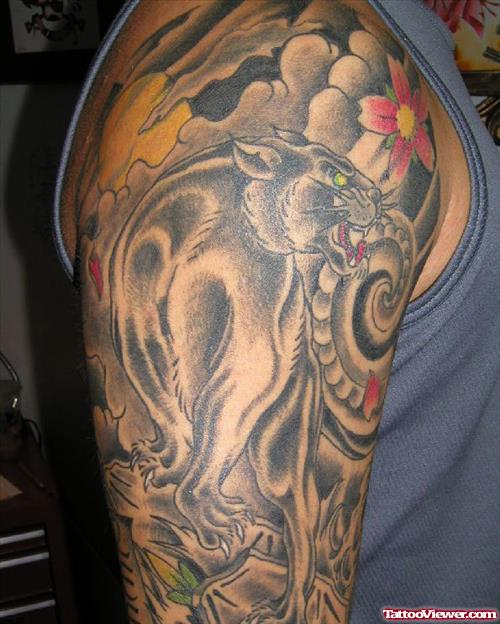 Flower And Grey Panther Tattoo On Right Half Sleeve