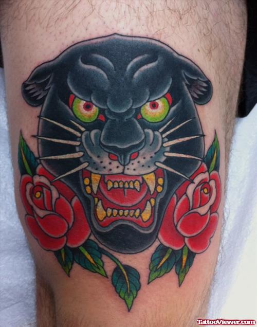 Red Roses And Panther Head Tattoo