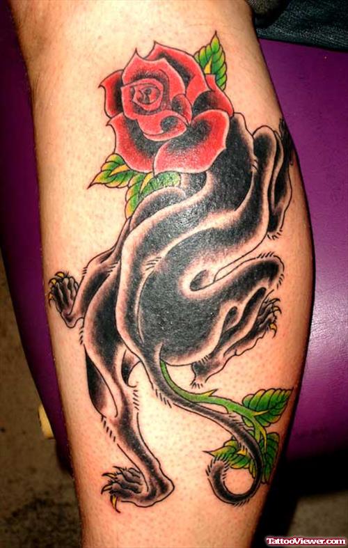 Red Rose Flower and Panther Tattoo On Leg
