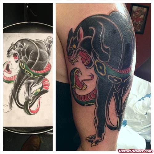 Green Snake And Panther Tattoo on Half Sleeve