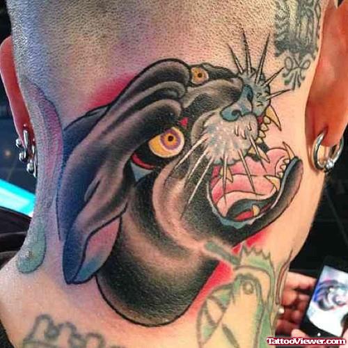 Black Panther Head Tattoo On Neck