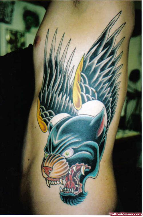 Winged Black Panther Head Tattoo On Side