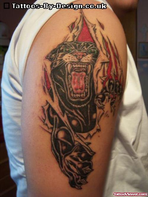 Ripped Skin Panther Tattoo On Right Half Sleeve
