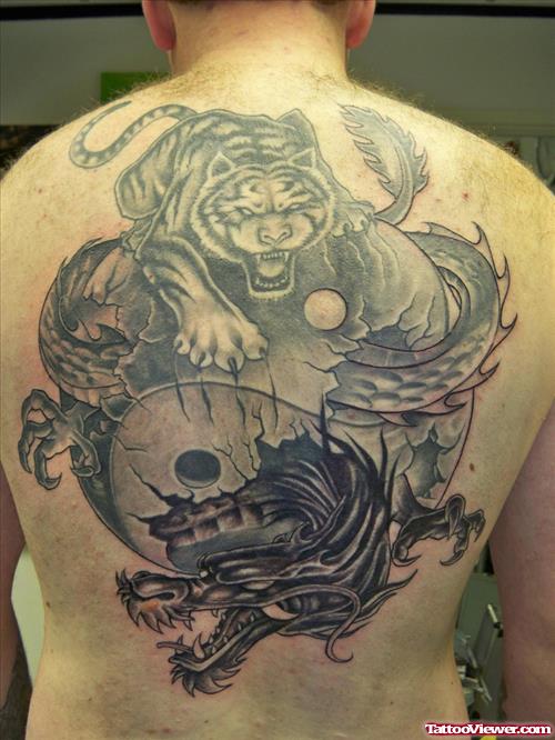 Grey Ink Dragon, Yin Yang And Panther Tattoo On Back