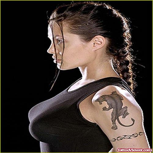 Angelina Jolie With Panther Tattoo On Left Shoulder