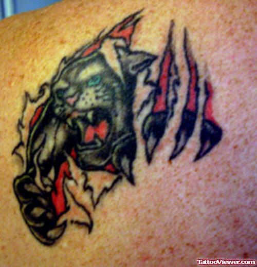 Amazing Ripped Skin Panther Tattoo On Back