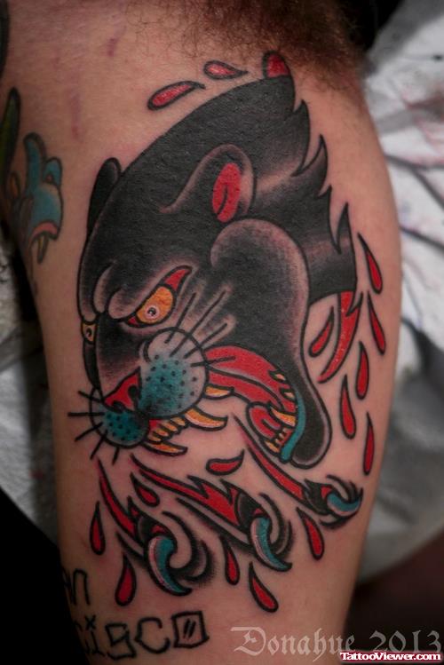 Ripped Skin Panther Head Tattoo On Inner Bicep