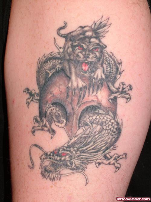 Red Eyes Dragon And Panther Tattoo On Arm