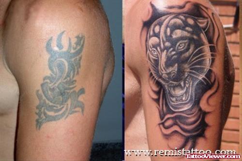 Grey ink Tribal and Panther Tattoo On Half Sleeve