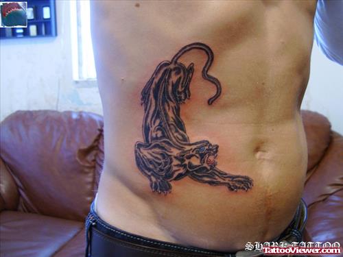 Grey Ink Crawling Panther Tattoo On Hip