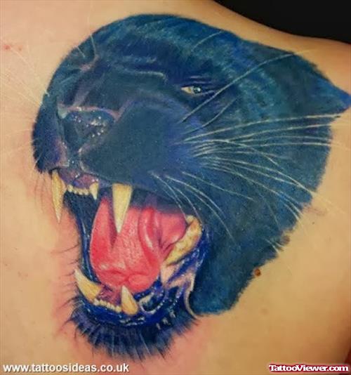 Awesome Colored Panther Tattoo On Right Back Shoulder
