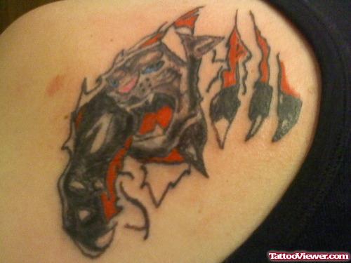 Amazing Ripped SKin Panther Tattoo On Back Shoulder