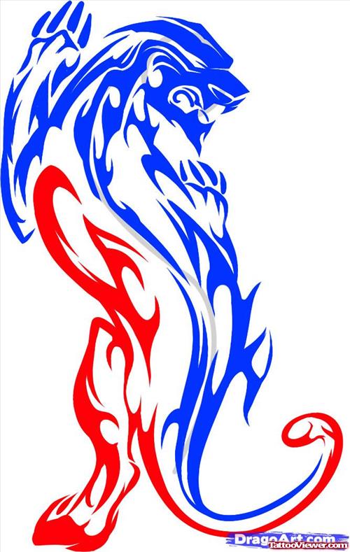 Tribal Blue And Red Panther Tattoo Design